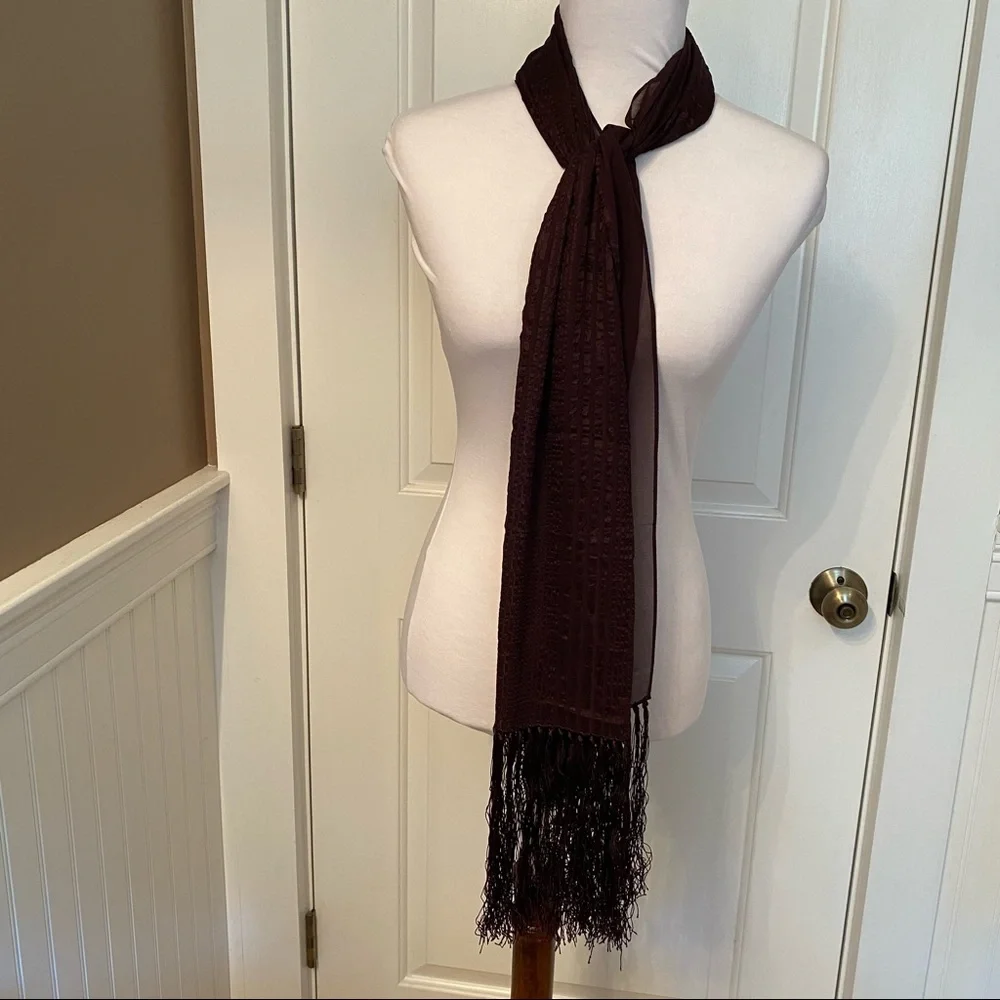 TANNER SCARF BROWN SILK SHEER RIBBED TEXTURE FRINGE LONG RECTANGLE ACCESSORY